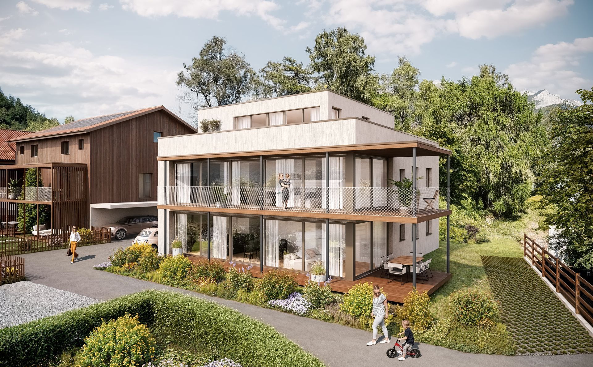 Modernes dreistöckiges Wohngebäude mit Glaswänden, Balkonen und Holzelementen, neben einem holzverkleideten Gebäude.