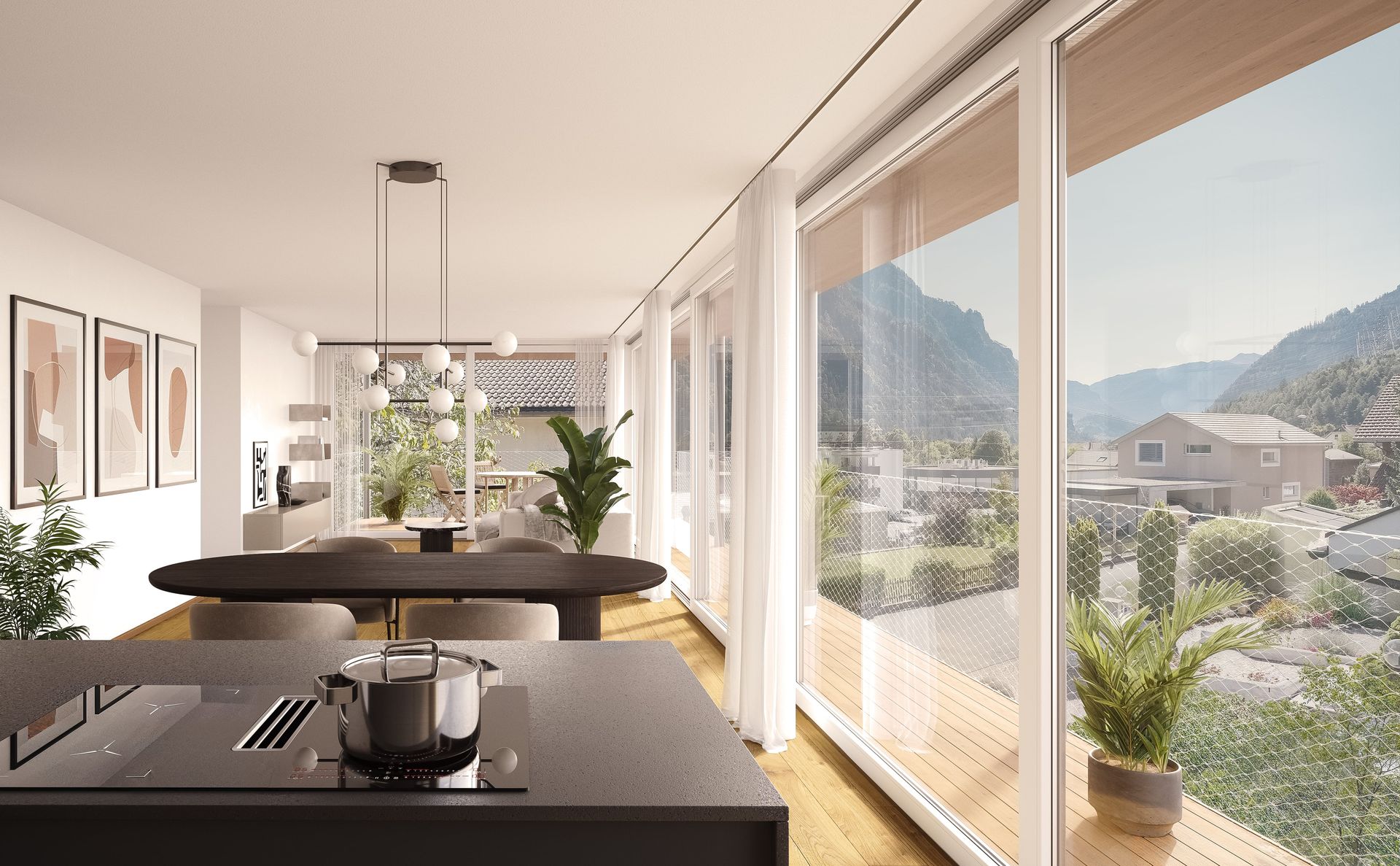 Moderne offene Küche mit Essbereich, großen Fenstern, Bergblick und einer dunklen Kücheninsel.