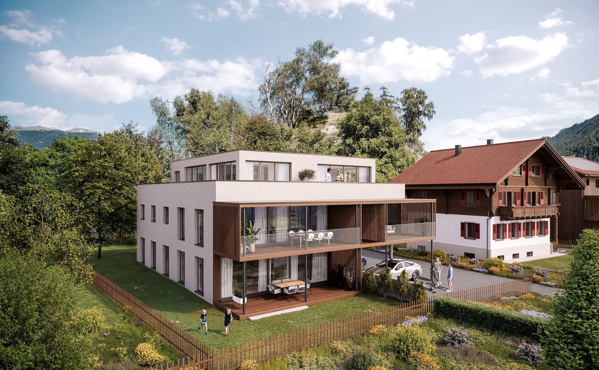 Modernes dreistöckiges Gebäude mit Balkonen, Holzelementen und einem traditionellen Haus im Hintergrund.