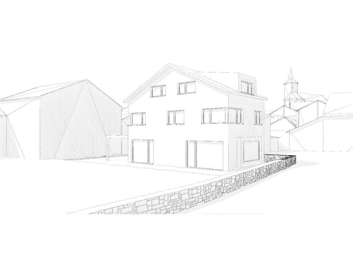 Eine schwarz-weiße Zeichnung eines Hauses mit einem Zaun davor.