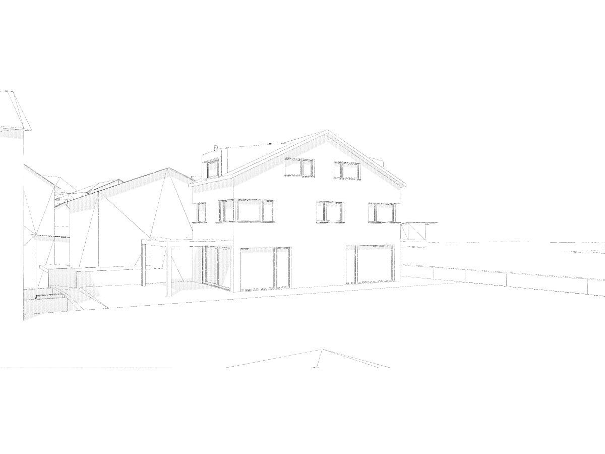 Eine Schwarzweißzeichnung eines Hauses auf weißem Hintergrund.