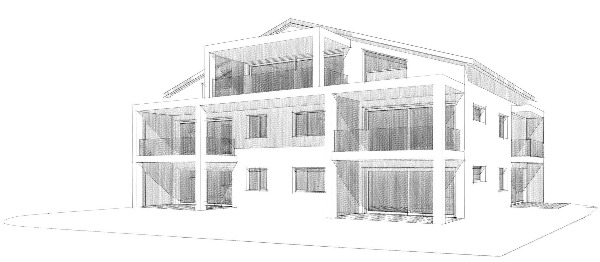 Eine Schwarzweißzeichnung eines Hauses mit vielen Fenstern.