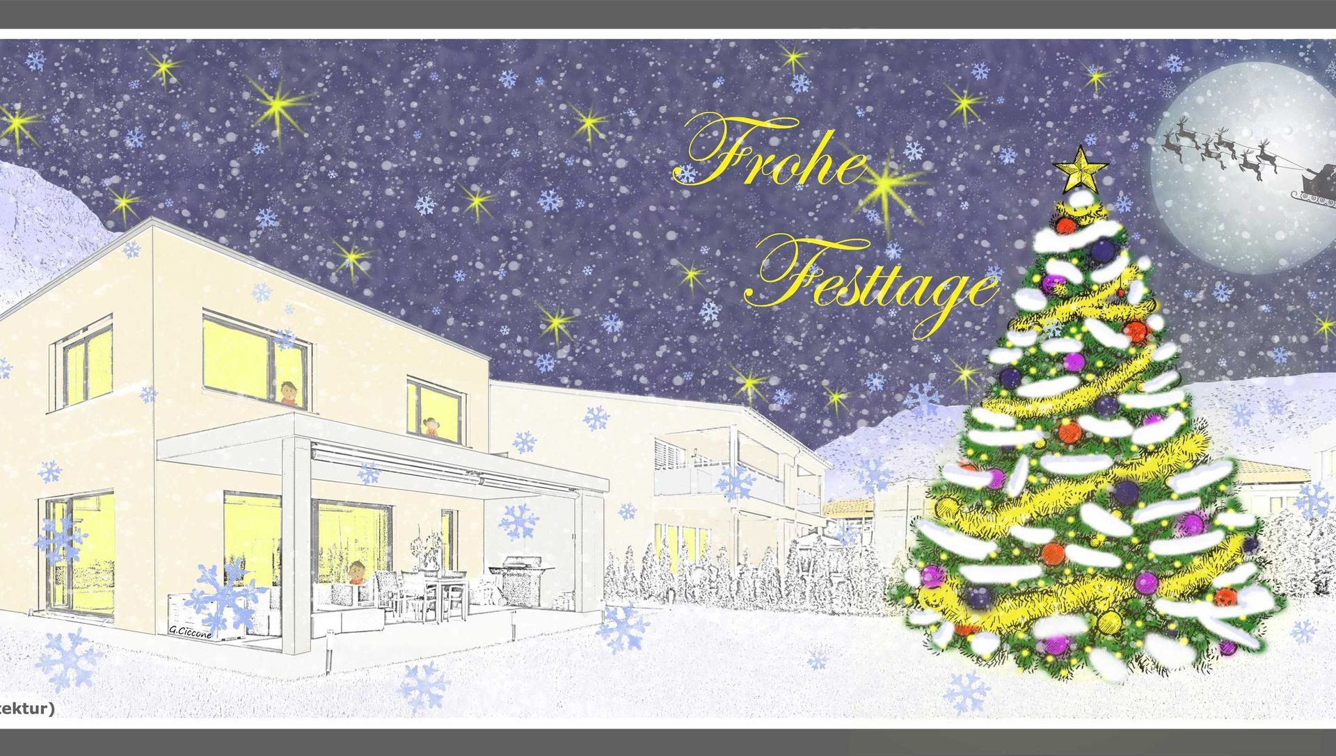 Eine Weihnachtskarte mit einem Haus und einem Weihnachtsbaum