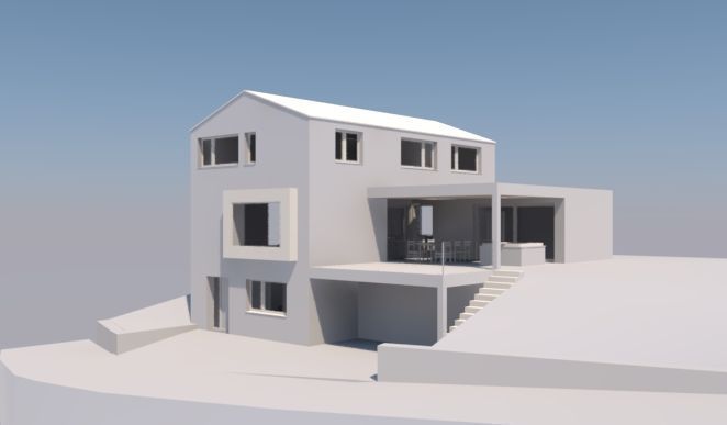 Ein 3D-Modell eines weißen Hauses mit einem blauen Himmel im Hintergrund