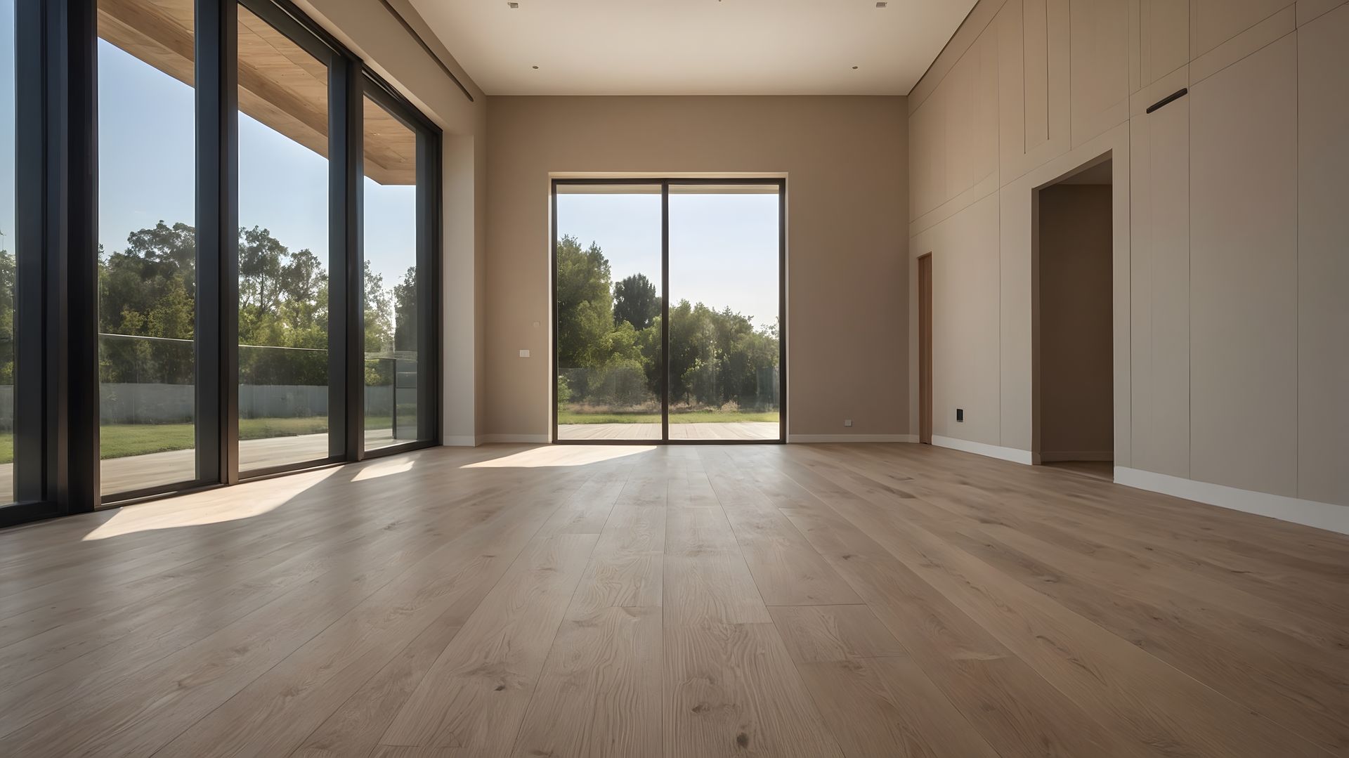 Chambre moderne vide avec parquet clair, hautes fenêtres et vue sur la verdure extérieure