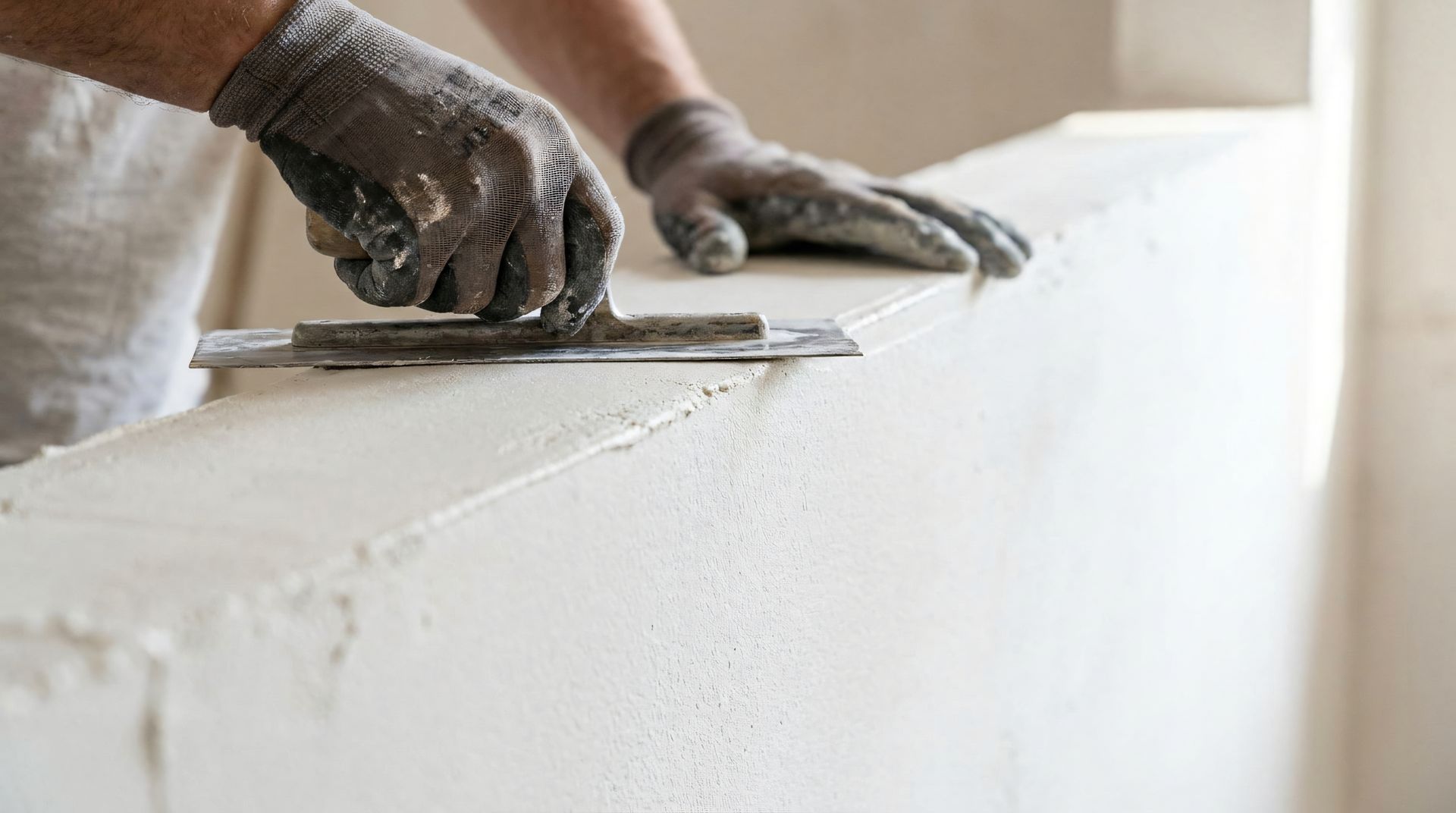 Des mains lissent du plâtre frais sur un mur blanc à l'aide d'un platoir.