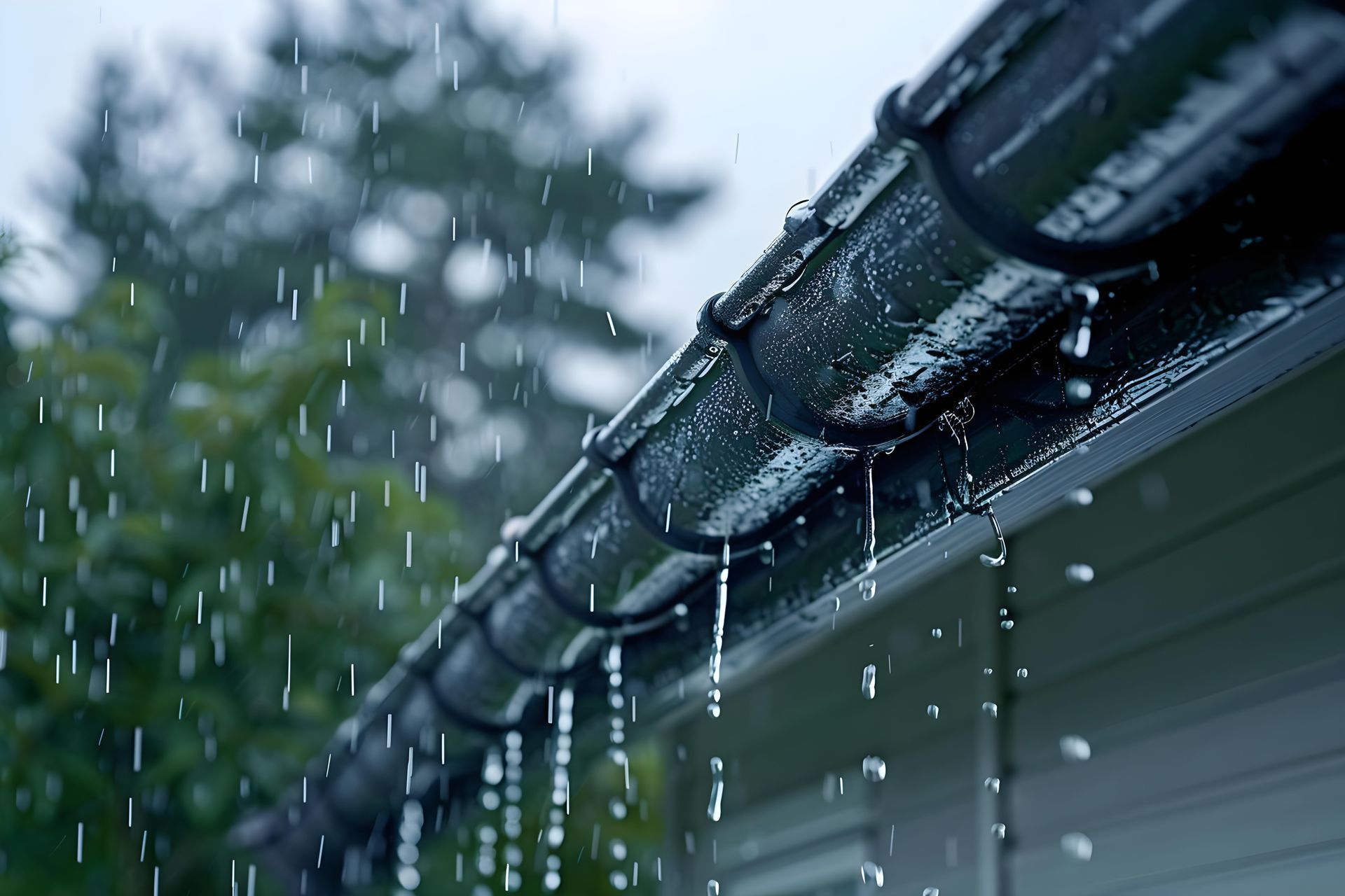 Pluie ruisselant d'une gouttière et du bord d'un toit près d'un arbre flou