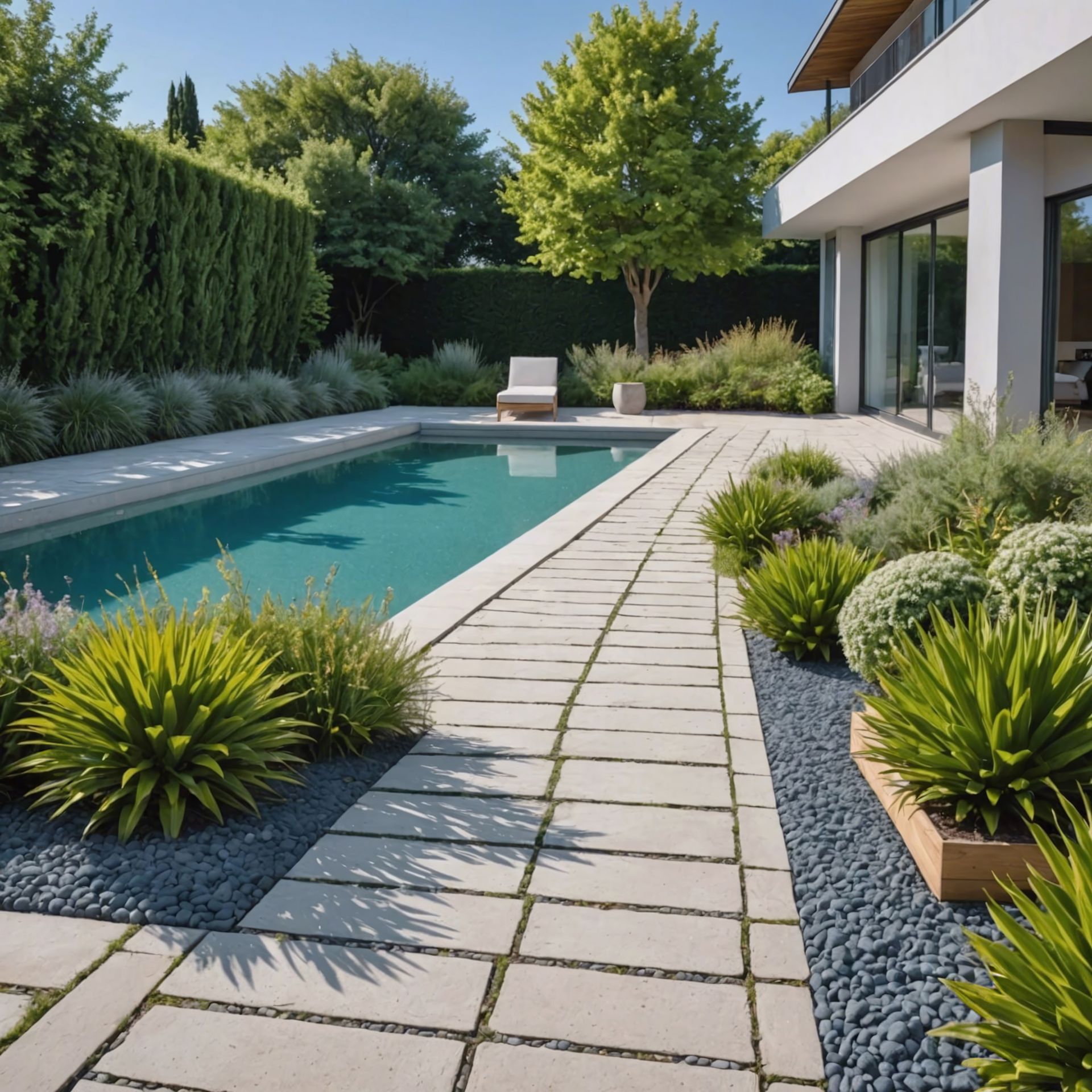 Cour arrière moderne avec piscine, allée en pierre et jardin paysager attenant à une maison