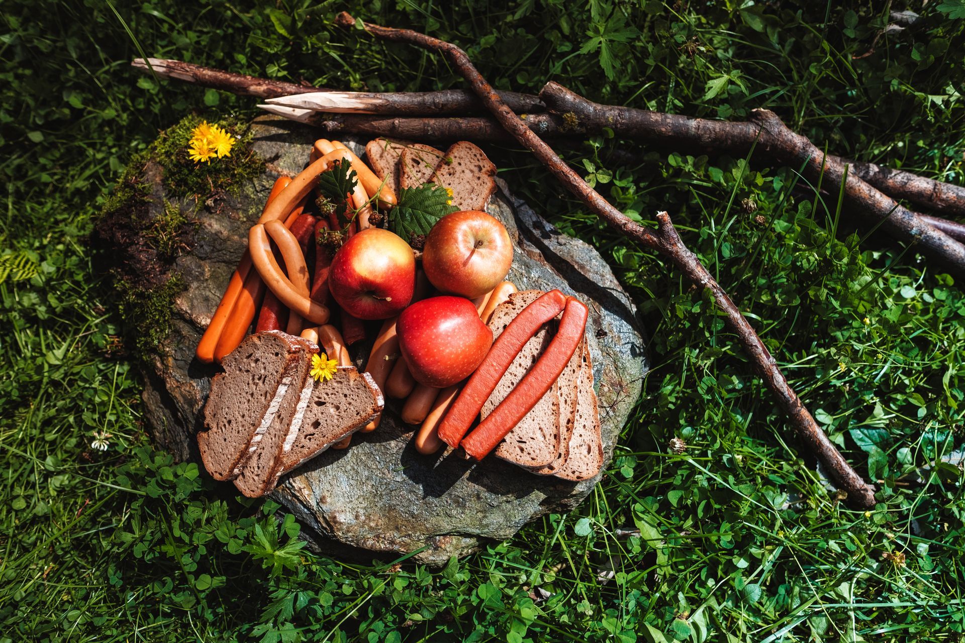 Auf einem Stein im Gras liegt ein Haufen Essen.