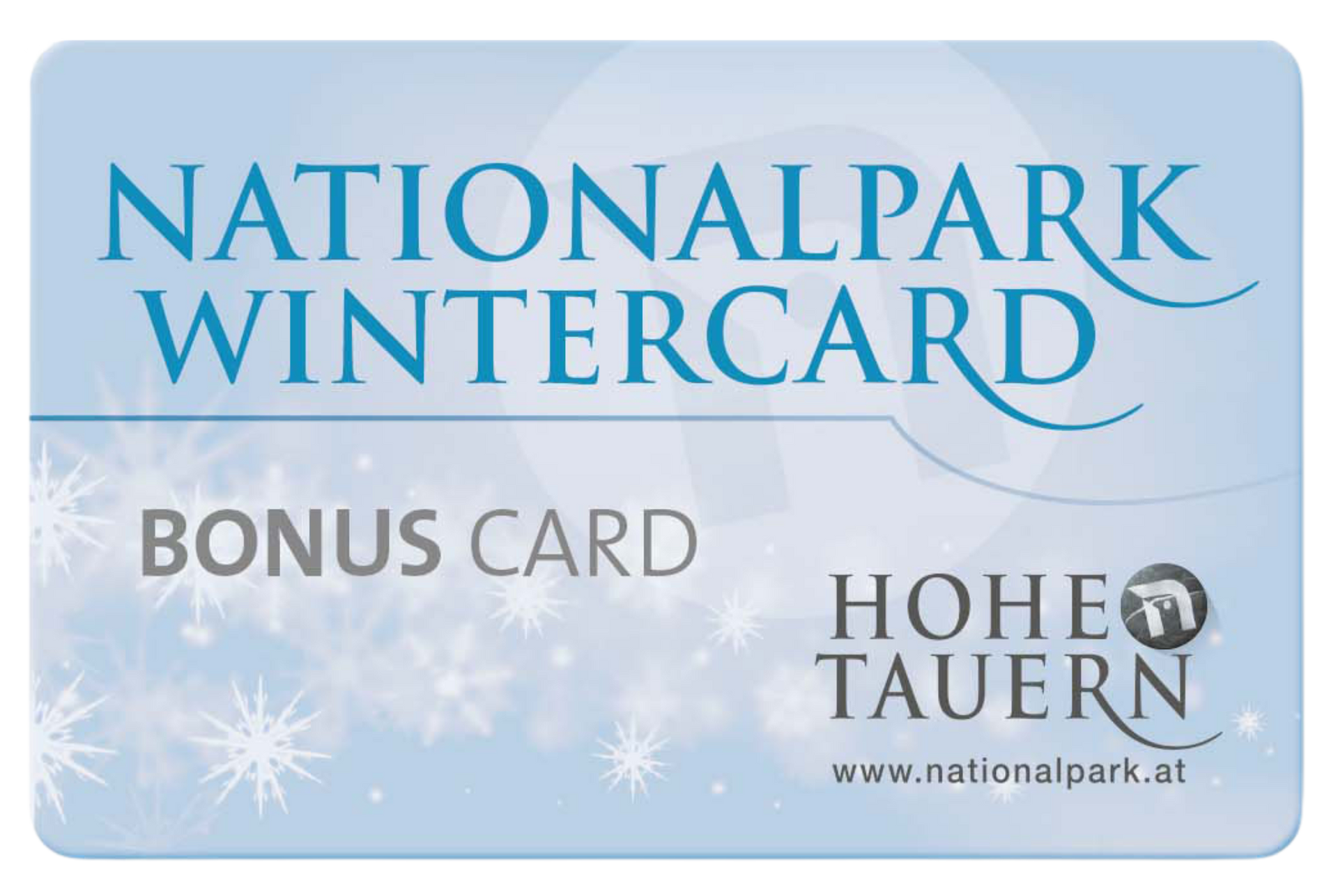 Eine blaue Nationalpark-Winterkarte mit Schneeflocken darauf