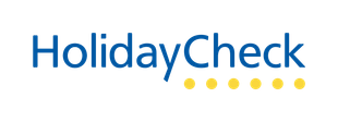 HolidayCheck-Logo mit blauem Schriftzug und fünf gelben Punkten darunter