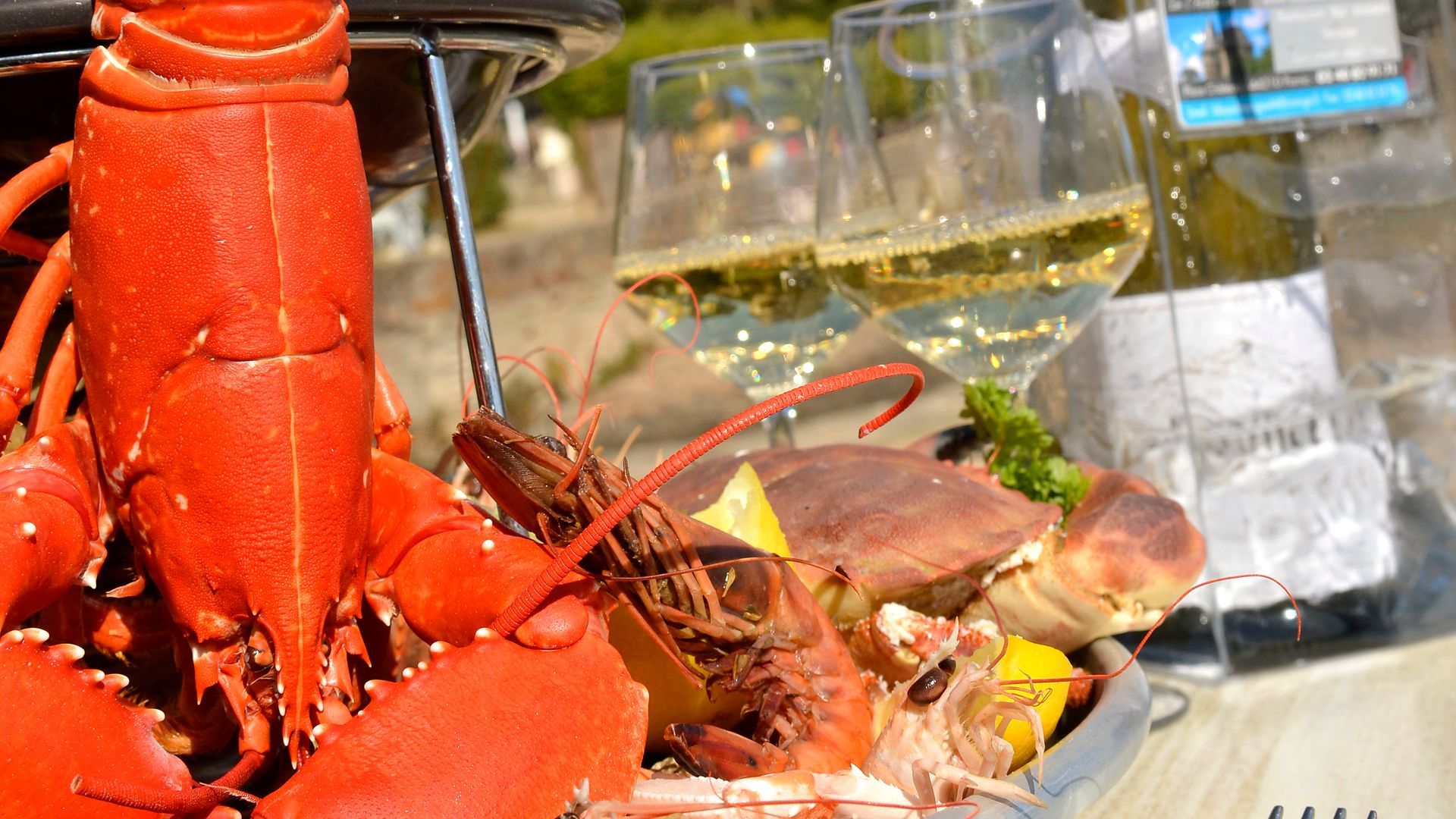 Plateau de fruits de mer avec homard, écrevisses et verres de vin blanc