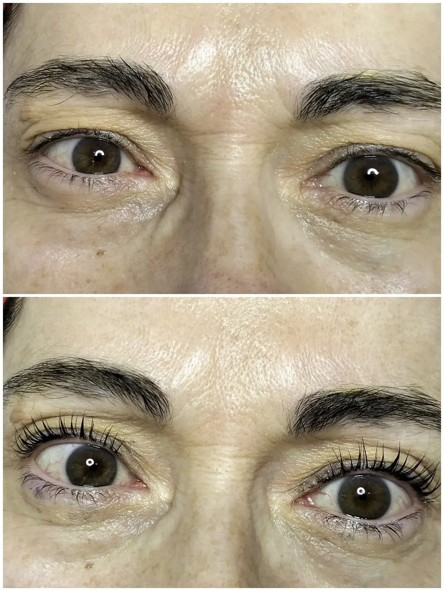 Dos fotografías de primeros planos de ojos, la superior muestra pestañas desnudas, la inferior con pestañas realzadas.