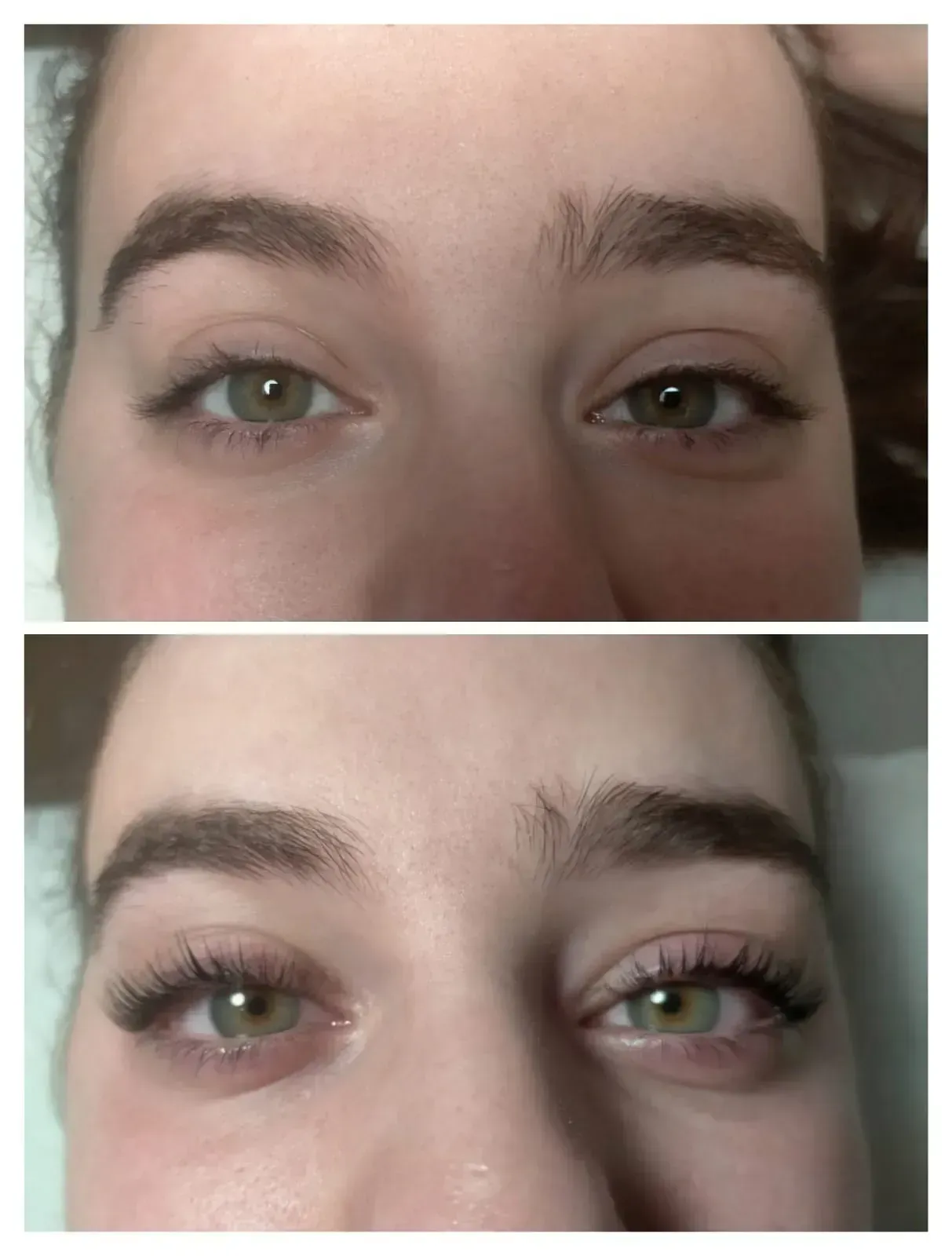 Arriba: Ojos con pestañas naturales. Abajo: Ojos con pestañas más largas y abundantes. Ojos verdes, tono de piel neutro.