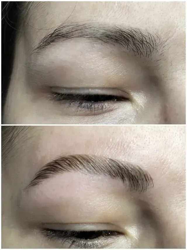 Arriba: Cejas sin tratar. Abajo: Cejas laminadas, más oscuras, más pobladas y más definidas.