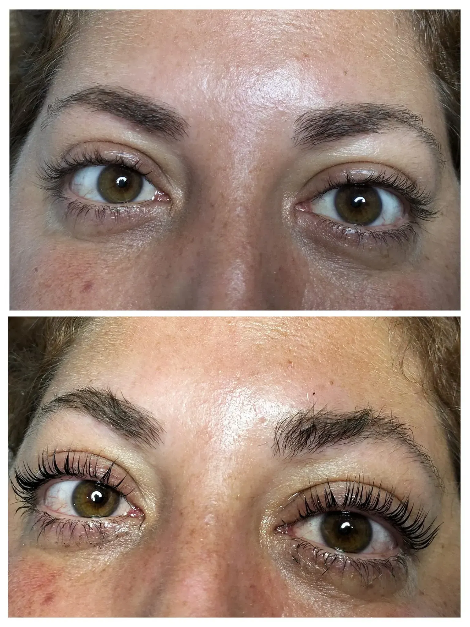 Antes y después, primer plano de los ojos de una mujer con mejoras en las cejas y las pestañas; la parte superior muestra los ojos naturales y la inferior, los ojos mejorados.
