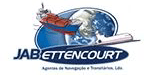 Logotipo da Jab Ettencourt, com um navio de carga, um avião e um globo, em um design azul e branco.