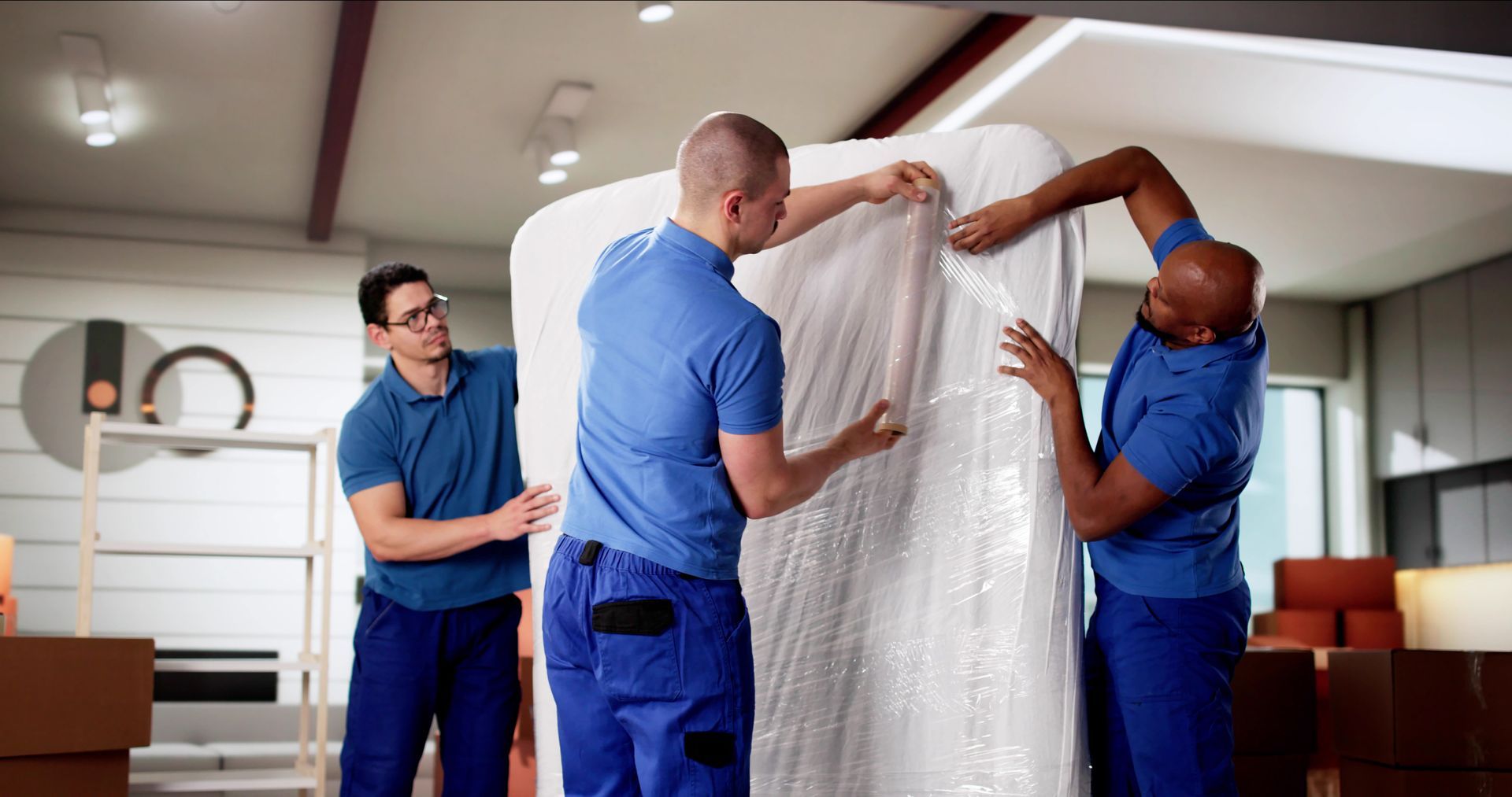 Déménageurs qui emballent un matelas