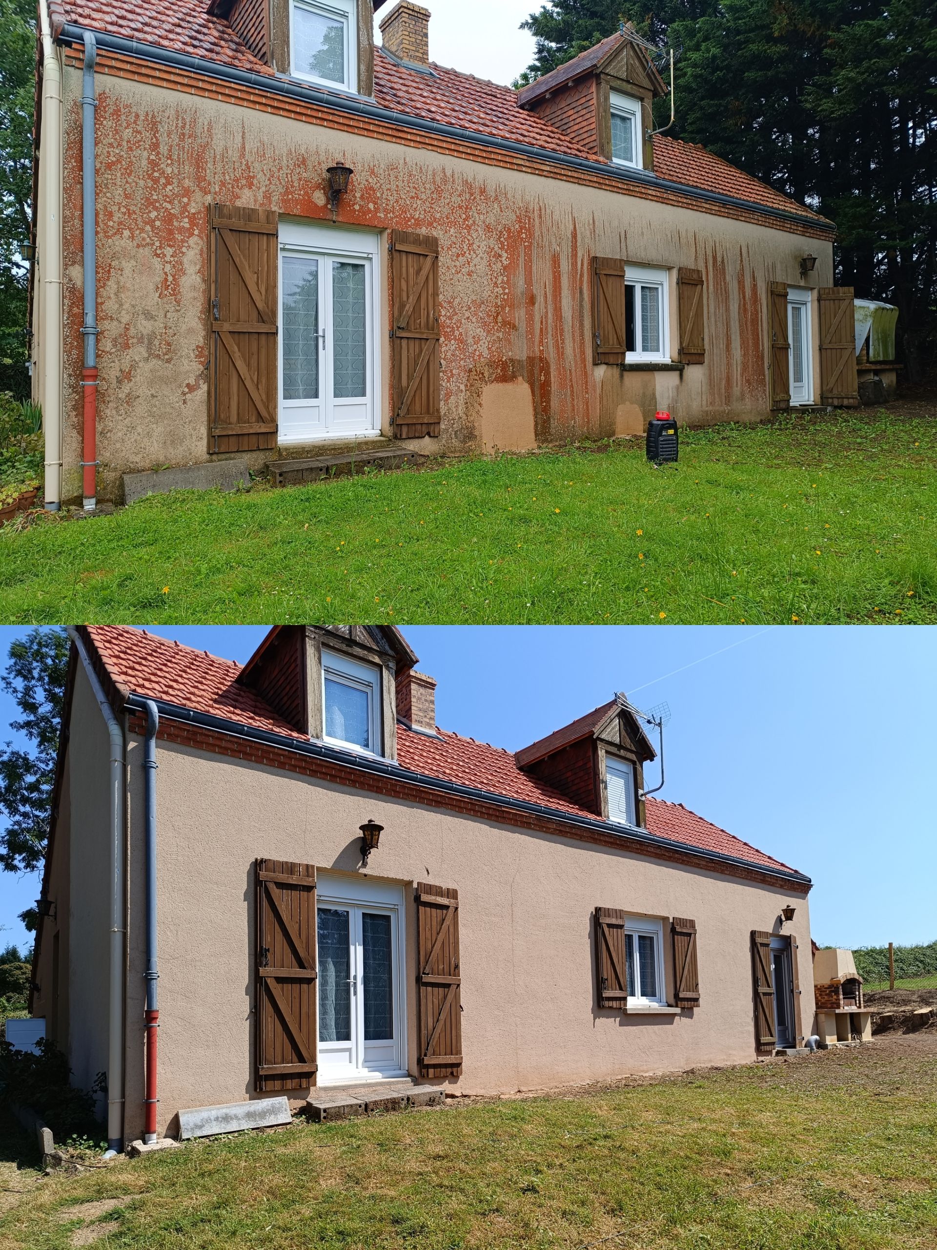 Avant et après la rénovation d'une maison. La partie supérieure montre un crépi abîmé par les intempéries. La partie inférieure présente un crépi neuf, des volets bruns et un toit rouge.