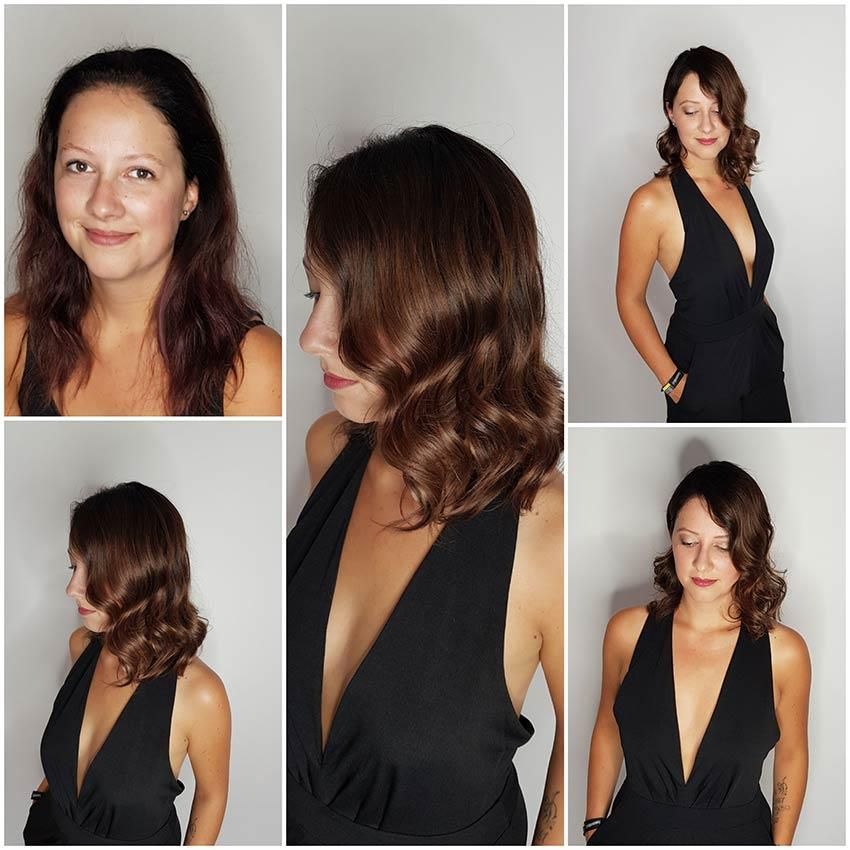 Eine Frau in einem schwarzen Kleid mit tiefem Ausschnitt