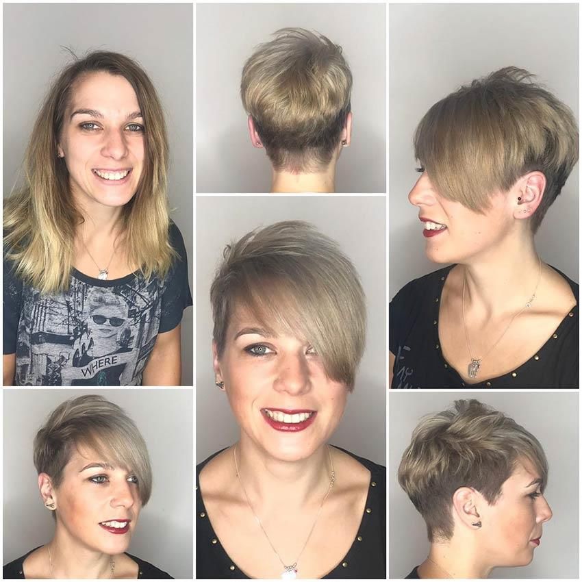 Eine Collage aus Fotos einer Frau mit kurzen Haaren