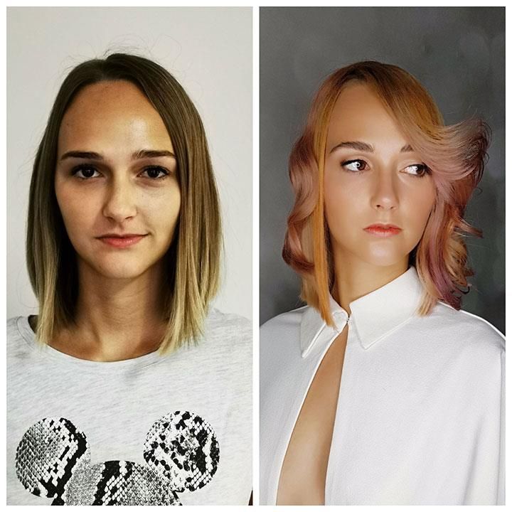 Ein Vorher-Nachher-Foto der Haare einer Frau
