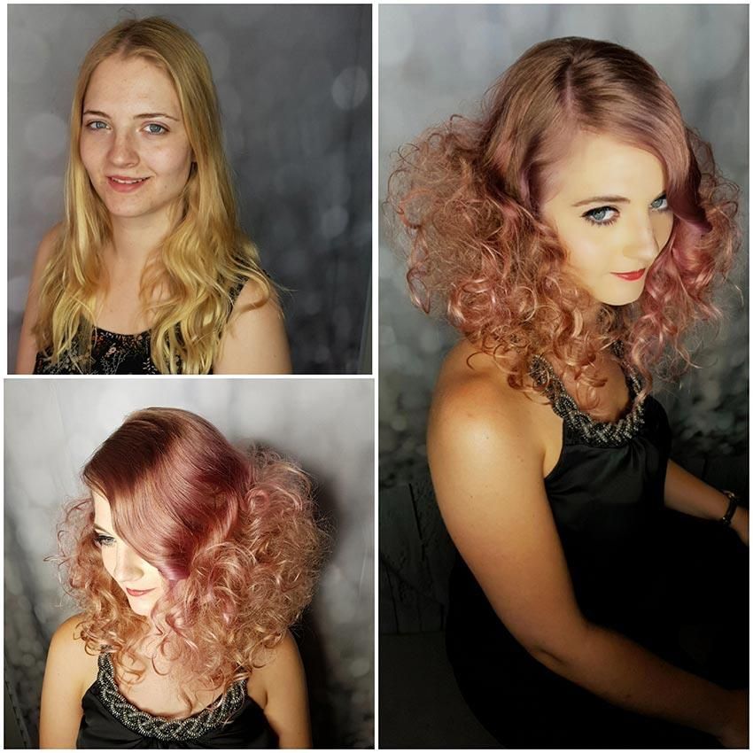 Eine Frau mit blonden Haaren und eine Frau mit rosa Haaren