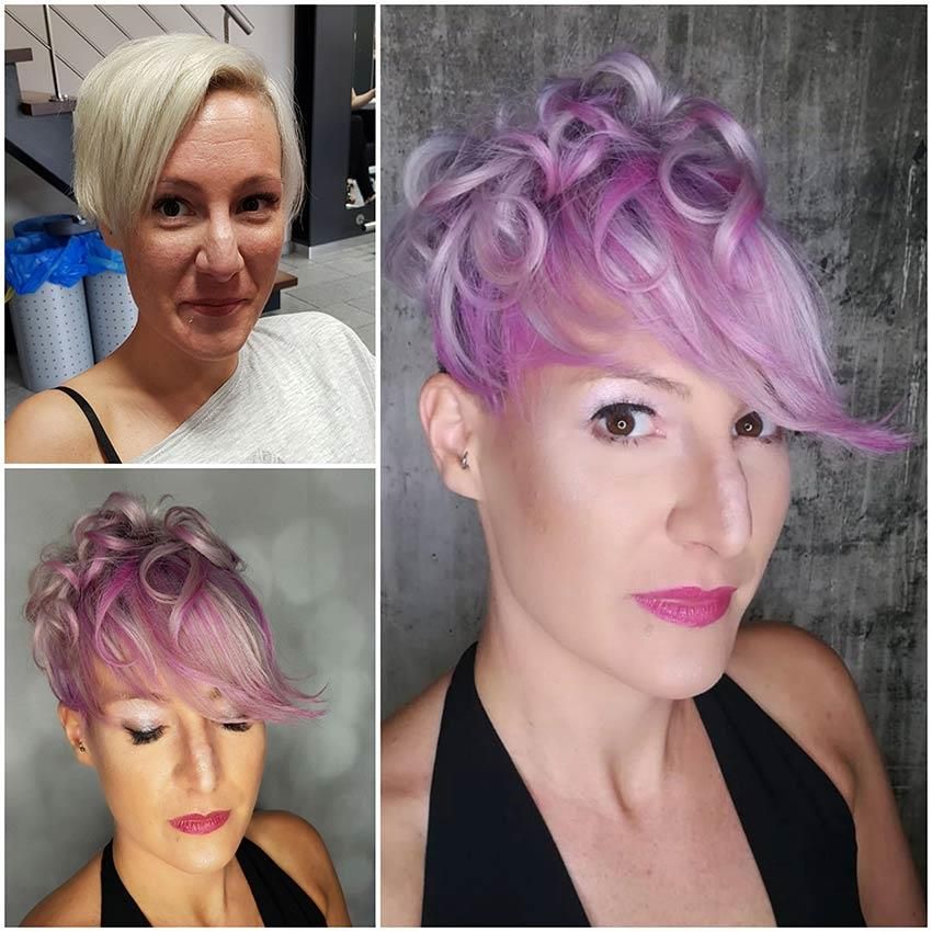 Eine Frau vor und nach dem Pinkfärben ihrer Haare