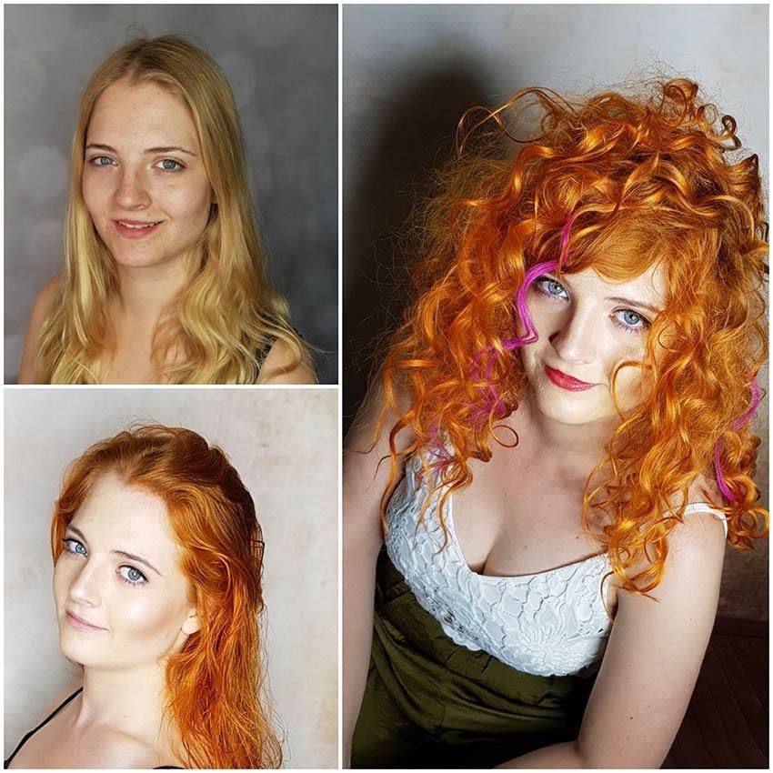 Ein Vorher-Nachher-Foto einer Frau mit roten Haaren