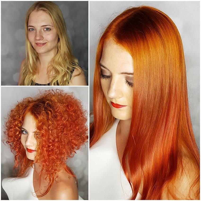 Eine Collage aus drei Bildern einer Frau mit roten Haaren