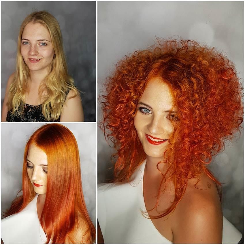 Ein Vorher-Nachher-Foto einer Frau mit roten Haaren