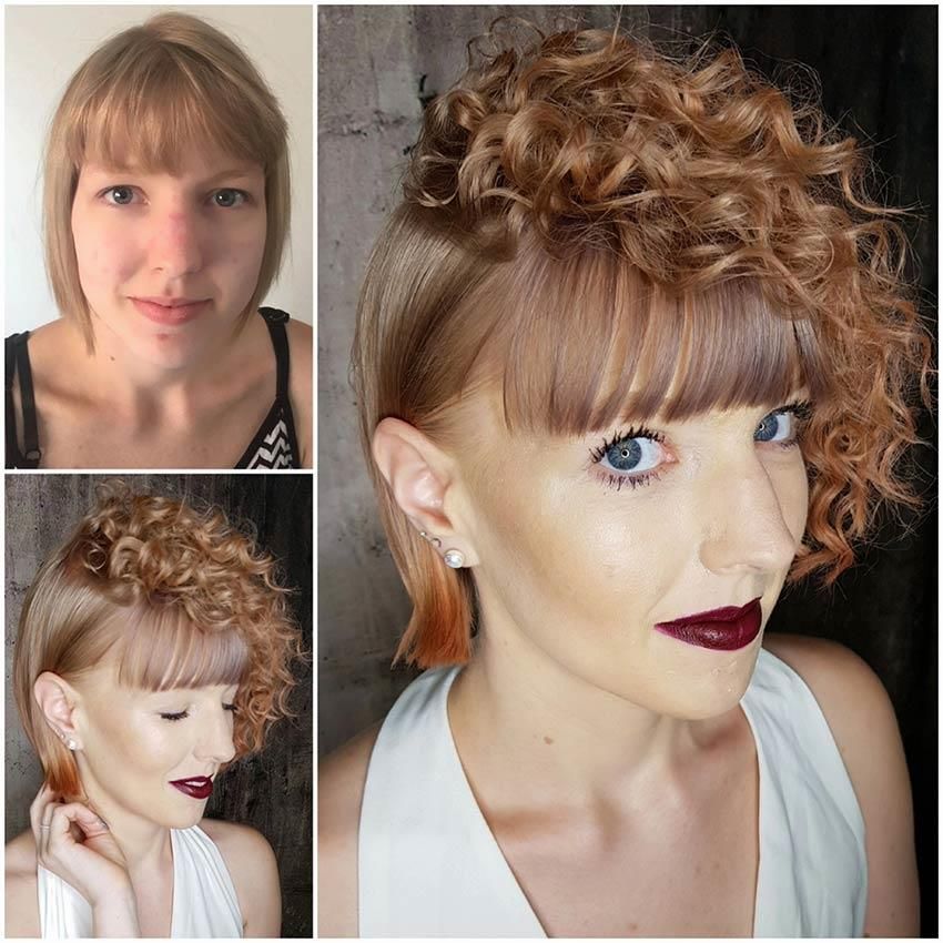 Ein Vorher-Nachher-Foto einer Frau mit lockigem Haar