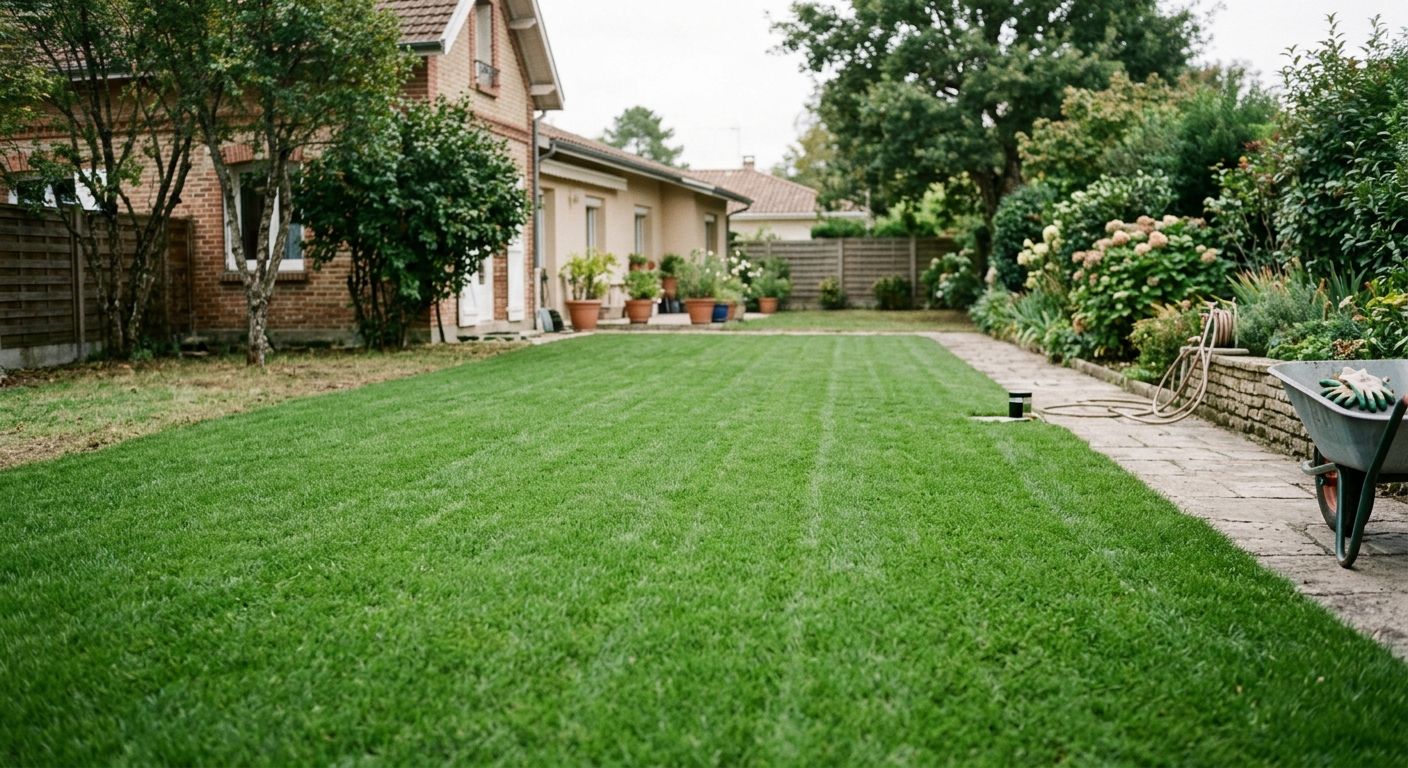 Pelouse à l’arrière avec une terrasse en béton, des parterres de jardin et une maison sur le côté gauche.