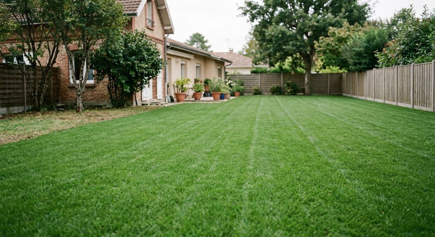 Grande pelouse verte dans le jardin, à côté d’une maison, bordée d’une clôture en bois et d’arbres