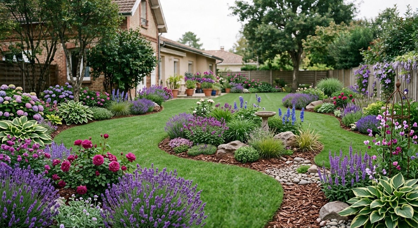 Un jardin fleuri luxuriant aux fleurs violettes, avec un chemin de pierre sinueux et une maison en arrière-plan