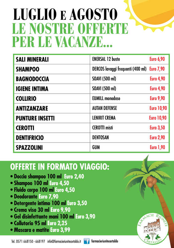 Volantino per le vacanze estive in Italia con attività in spiaggia, date, prezzi e grafica tropicale verde-gialla.