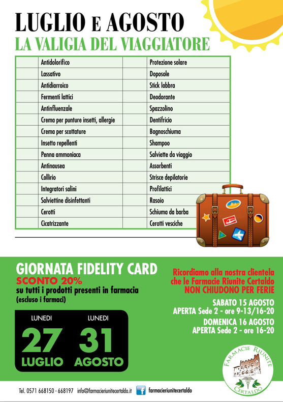 Locandina promozionale per le attività di luglio e agosto, con programma degli eventi, date e grafica di una valigia.