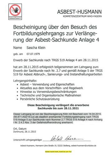 Bescheinigung über Fortbildungslehrgang zur Verlängerung der Asbest-Sachkunde Anlage 4