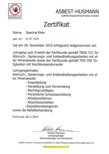 Zertifikat Teilnahme Lehrgang zum Erwerb der Fachkunde für Abbruch-, Sanierungs. und Instandhaltungsarbeiten