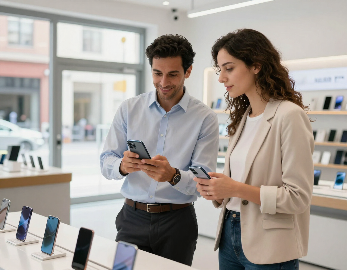 Dos personas comparan smartphones en una zona de exposición bien iluminada de una tienda de telefonía móvil
