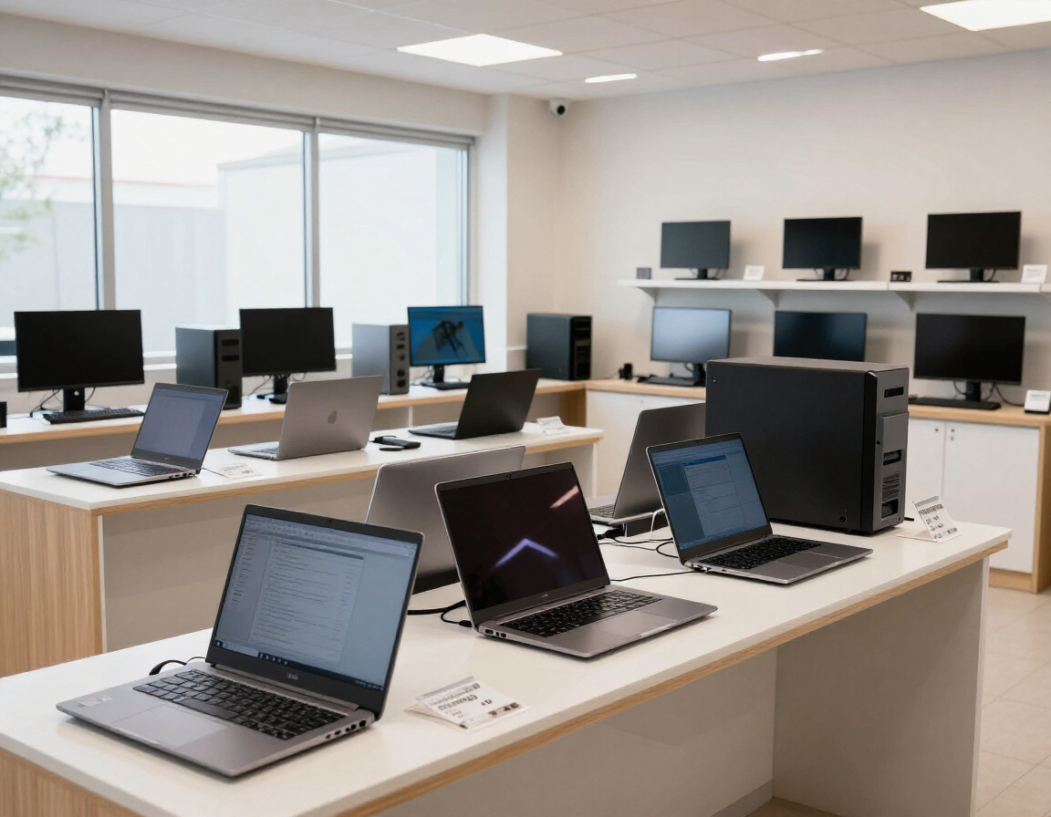 Aula de informática con filas de portátiles abiertos y monitores de escritorio sobre mesas blancas, cerca de una ventana luminosa.
