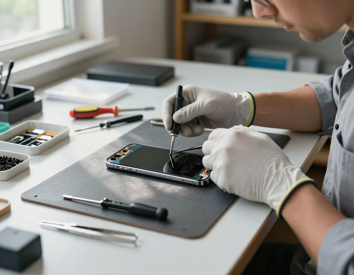 Técnico reparando un smartphone en una mesa de trabajo con herramientas y un destornillador de precisión
