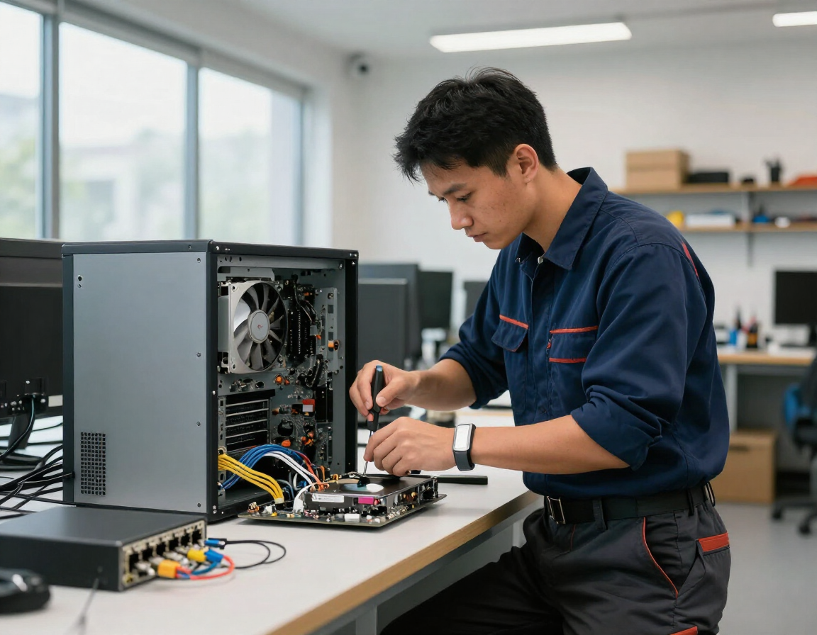 Un técnico montando un ordenador de sobremesa en un taller de electrónica bien iluminado.
