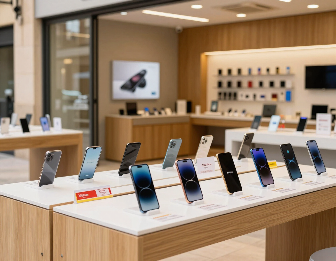 Smartphones expuestos sobre una mesa de madera en una tienda de electrónica luminosa.