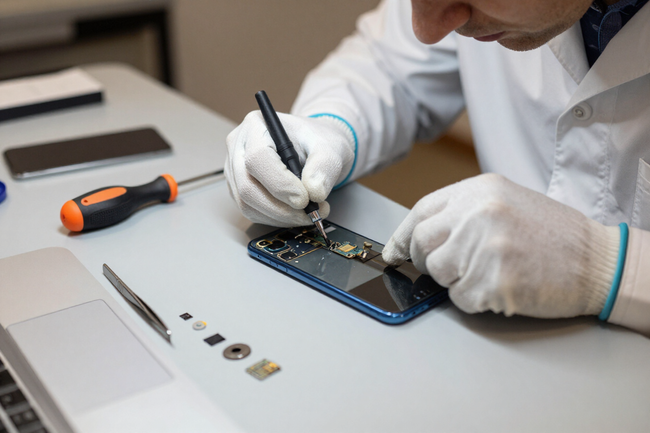 Técnico reparando un smartphone en un banco de trabajo, con herramientas y componentes pequeños cerca