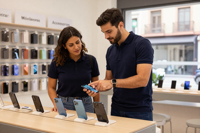 Dos personas examinando un teléfono móvil azul en una tienda luminosa de móviles