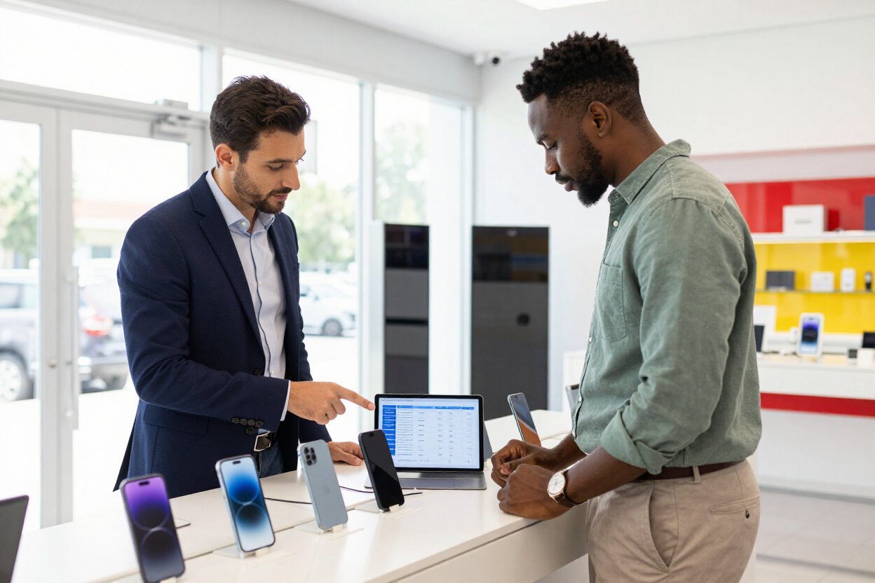 Dos personas hablando sobre smartphones junto a un mostrador de exposición en una tienda luminosa