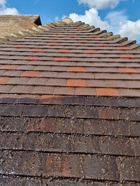 Close-up of a weathered tiled roof with rows of gray and orange tiles and a stone ridge line.