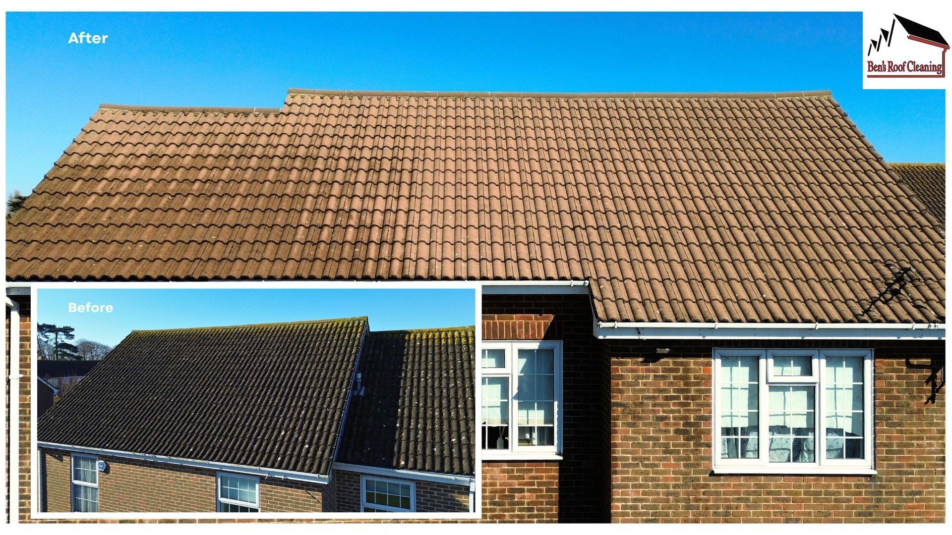 Two rooftop views of a house with brown tile roofing and white-framed windows, before and after cleaning