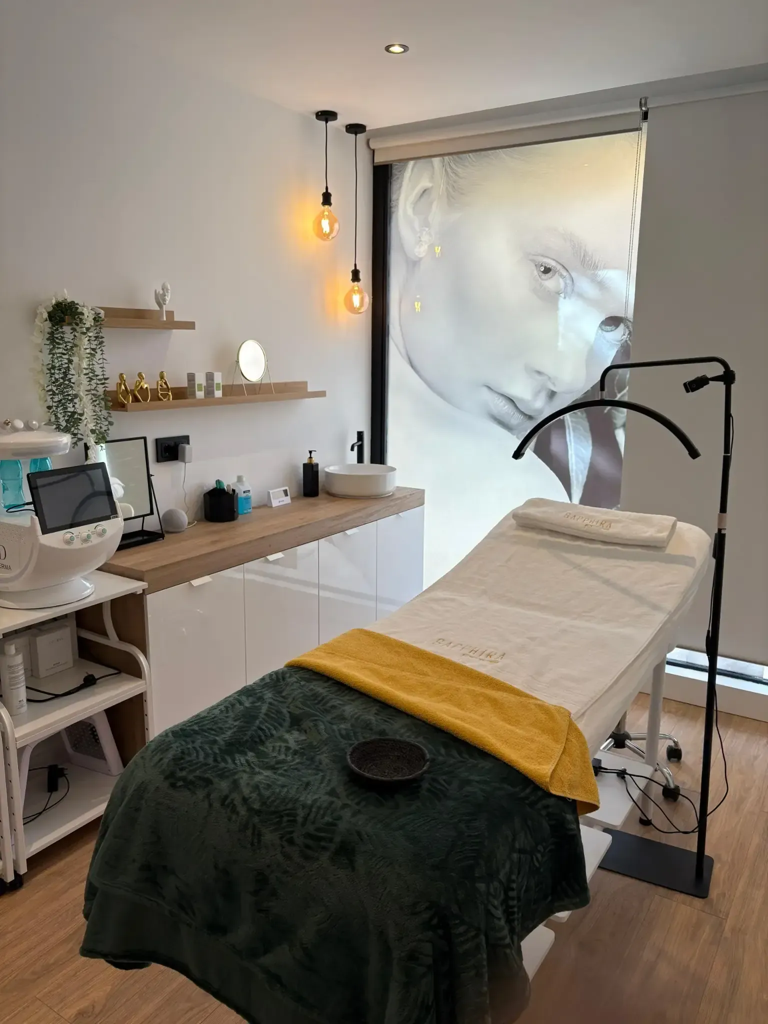 Sala de spa con camilla para tratamientos, productos para el cuidado de la piel y escaparate artístico.